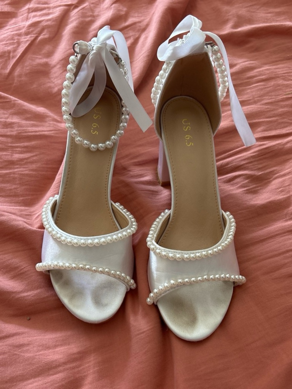 Pearl-Trim White Satin Ankle-Tie Heels - Women's